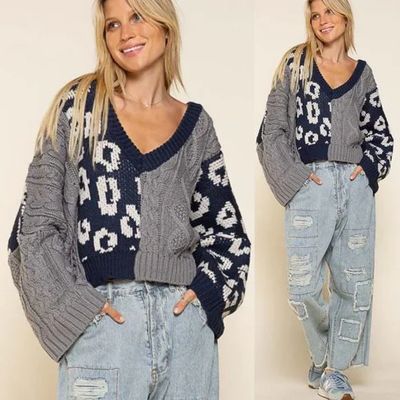 NEW POL Mix Leopard Cable Knit Deep V Neck Oversize Slouchy Pullover Sweater Top - Picture 10 of 10